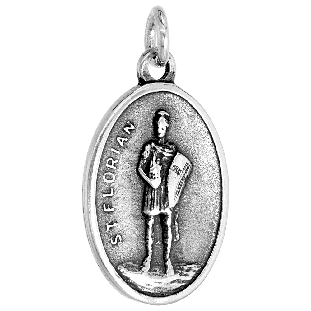 Sterling Silver St Florian Medal Pendant Oxidized finish Oval 1 inch