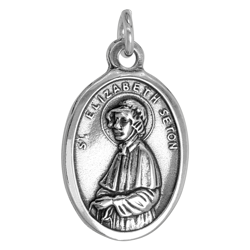Sterling Silver St Elizabeth Seton Medal Pendant Oxidized finish Oval 1 inch