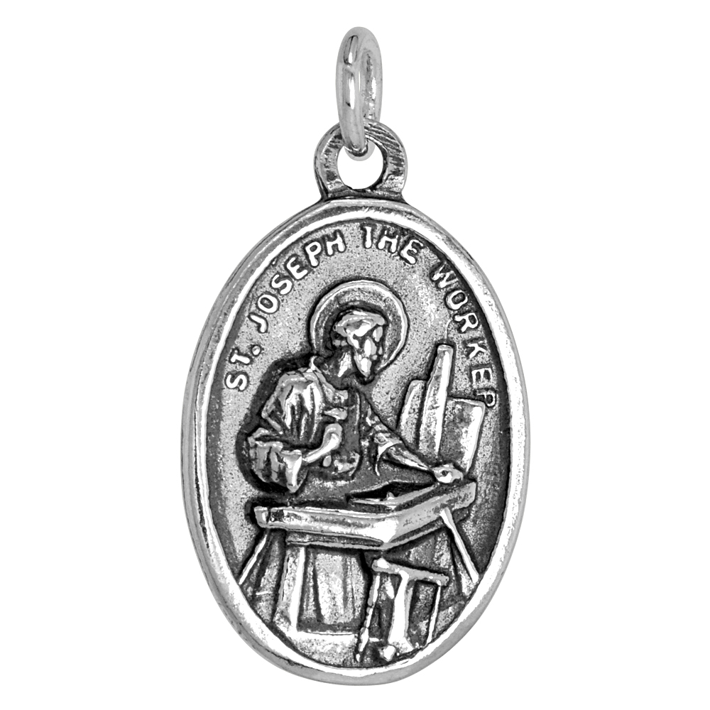 Sterling Silver St Joseph Medal Pendant Oxidized finish Oval 1 inch