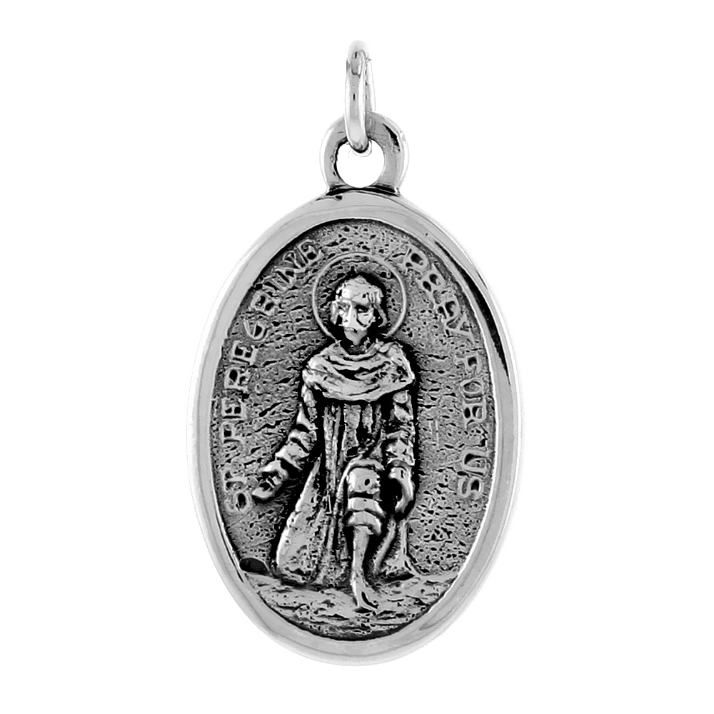 Sterling Silver St Peregrine Medal Pendant Oxidized finish Oval 1 inch