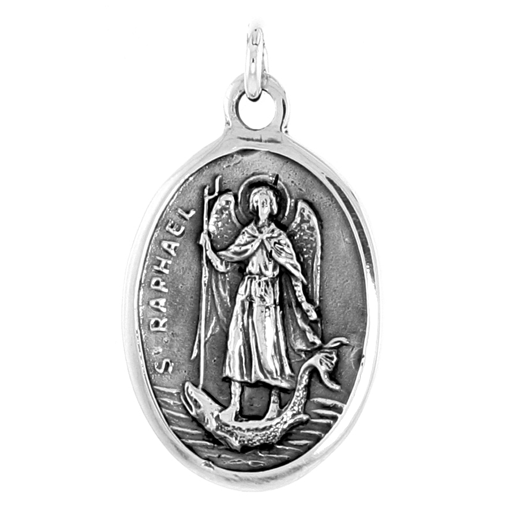 Sterling Silver St Raphael Medal Pendant Oxidized finish Oval 1 inch