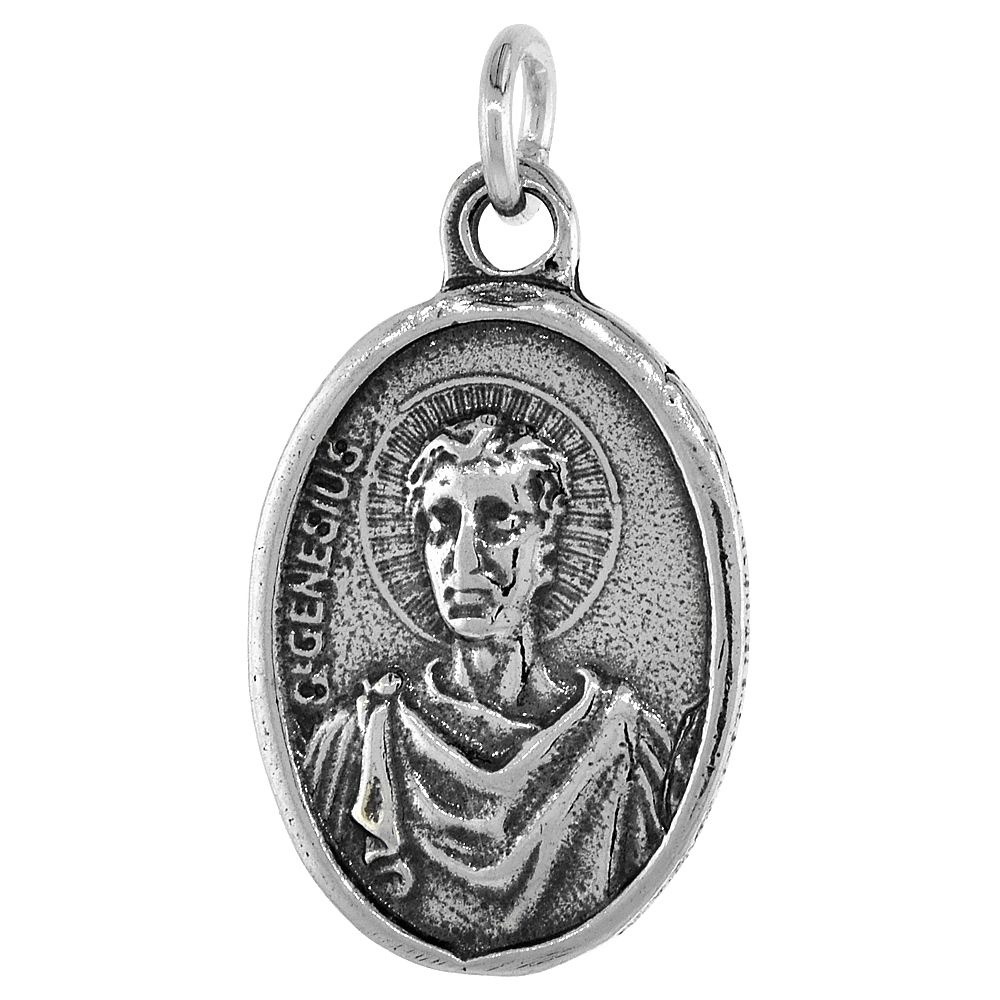 Sterling Silver St Genesius Medal Pendant Oxidized finish Oval 1 inch