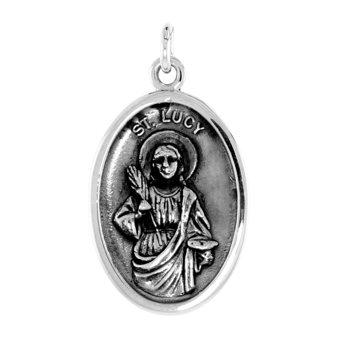 Sterling Silver St Lucy Medal Pendant Oxidized finish Oval 1 inch