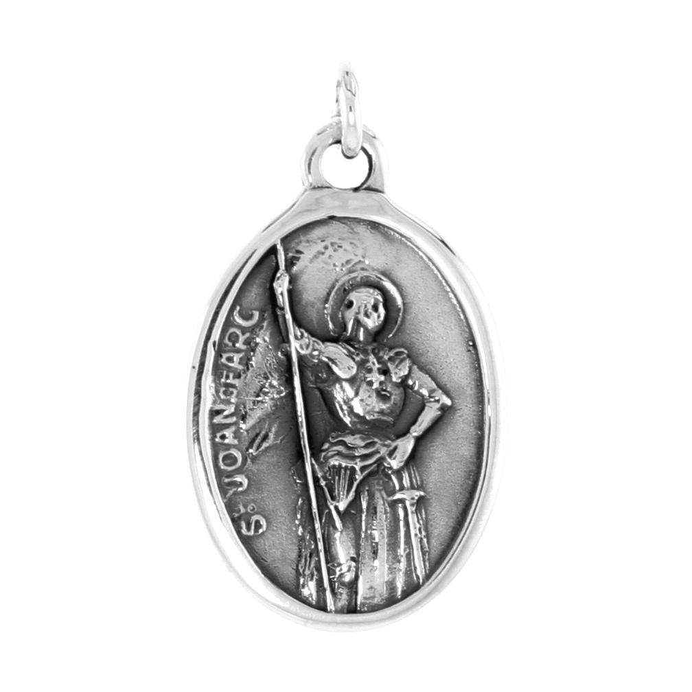 Sterling Silver St Joan of Arc Medal Pendant Oxidized finish Oval 1 inch
