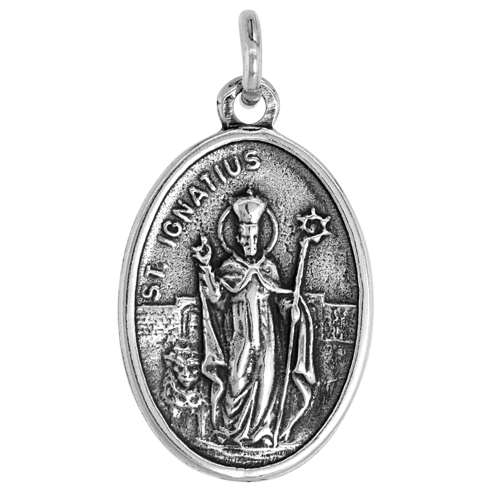 Sterling Silver St Ignatius Medal Pendant Oxidized finish Oval 1 inch