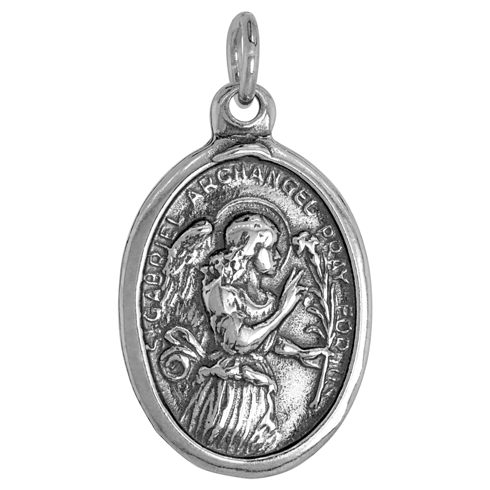 Sterling Silver St Gabriel Medal Pendant Oxidized finish Oval 1 inch