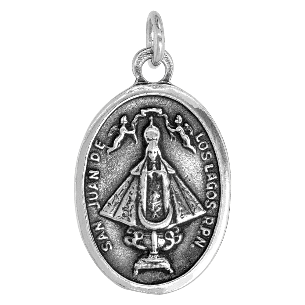 Sterling Silver San Juan De Los Lagos Medal Pendant Oxidized finish Oval 1 inch