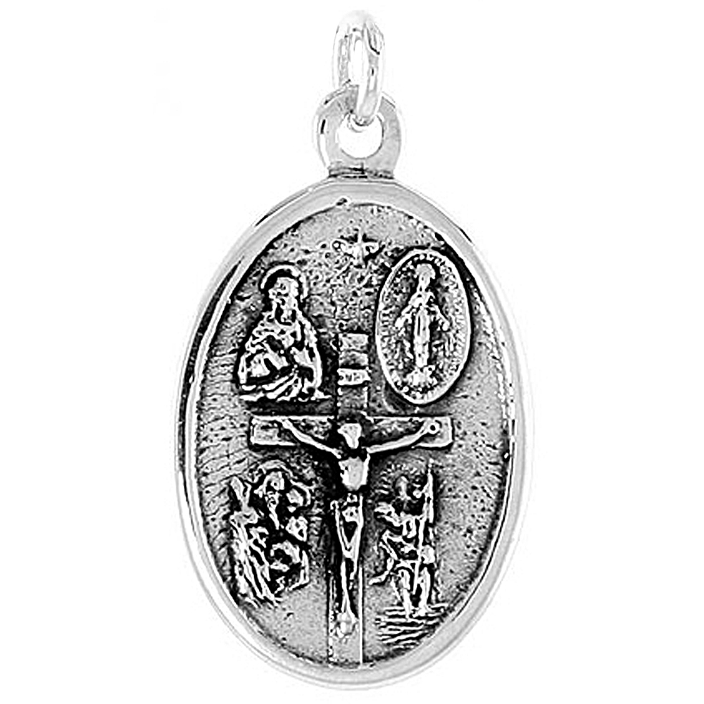 Sterling Silver Oval Four Way Medal Pendant Oxidized finish Oval 1 inch