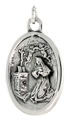 Sterling Silver Mary Magdalene Medal Pendant Oxidized finish Oval 1 inch