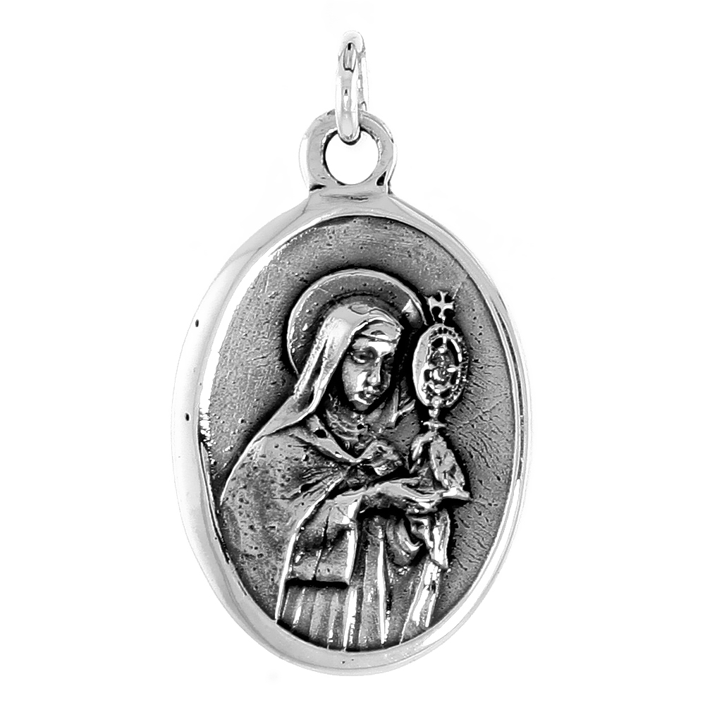 Sterling Silver St Clare Medal Pendant Oxidized finish Oval 1 inch