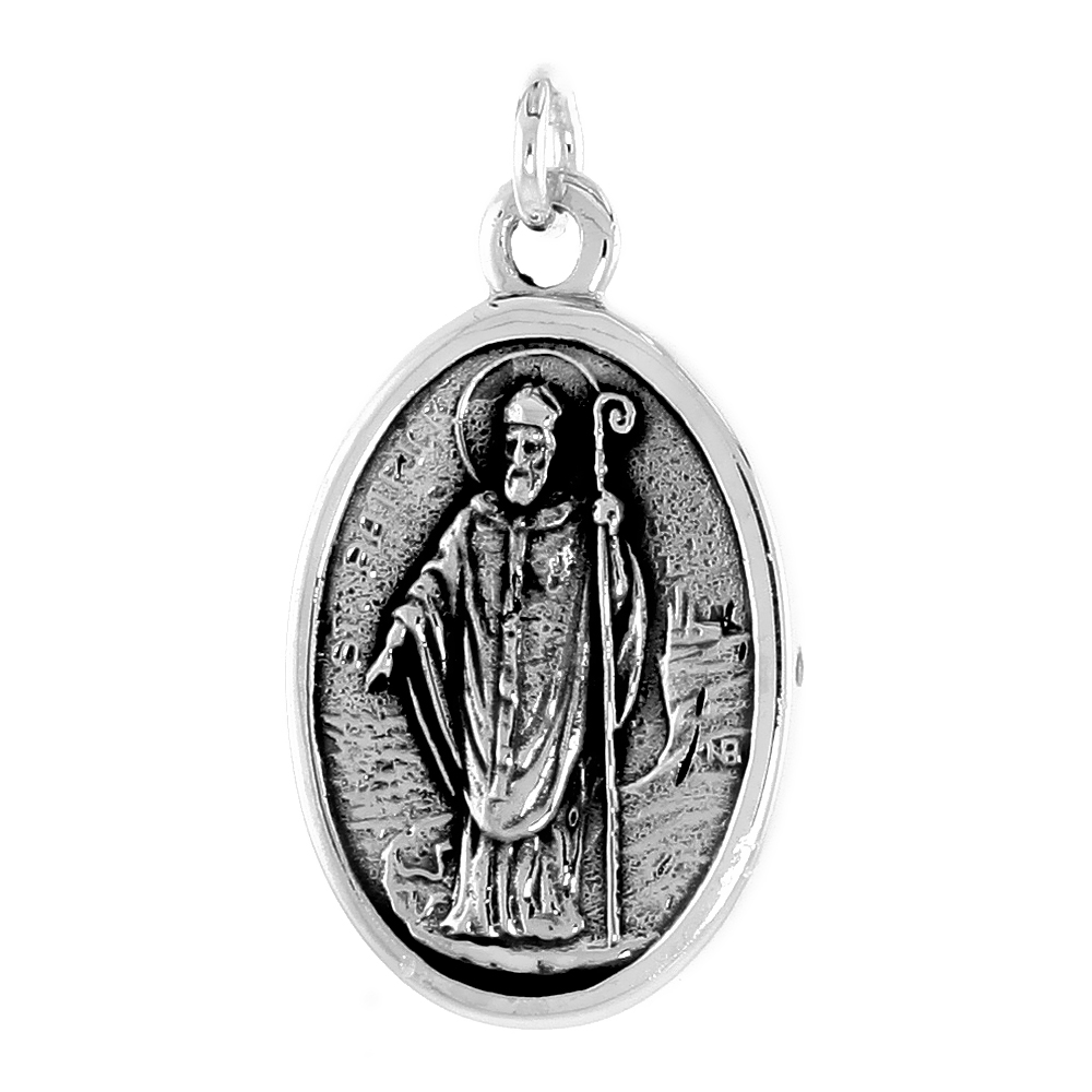 Sterling Silver St Patrick and St Bridget Medal Pendant Oxidized finish Oval 1 inch