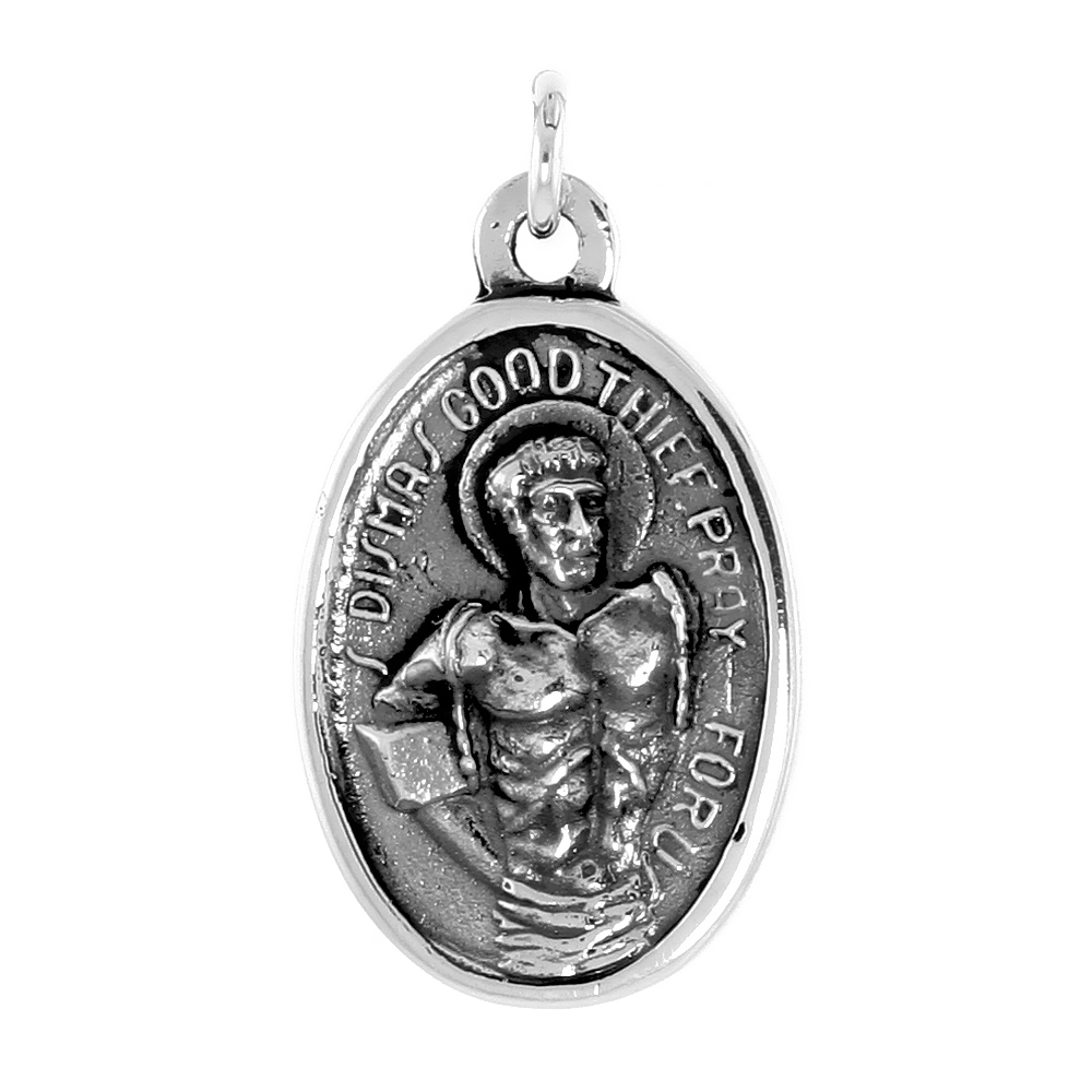 Sterling Silver St Dismas The Good Thief Medal Pendant Oxidized finish with Sacred Heart Oval 1 inch