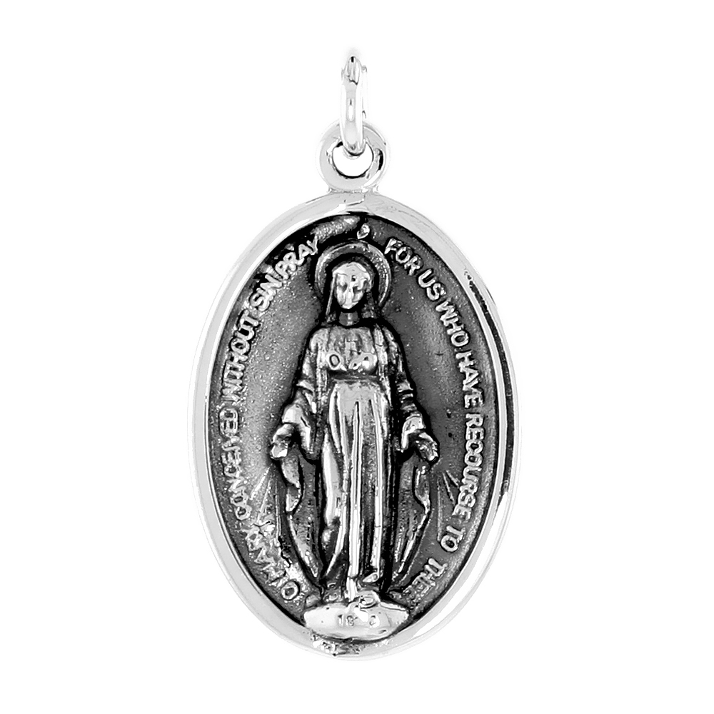 Sterling Silver St Catherine Laboure Medal Pendant Oxidized finish Oval 1 inch