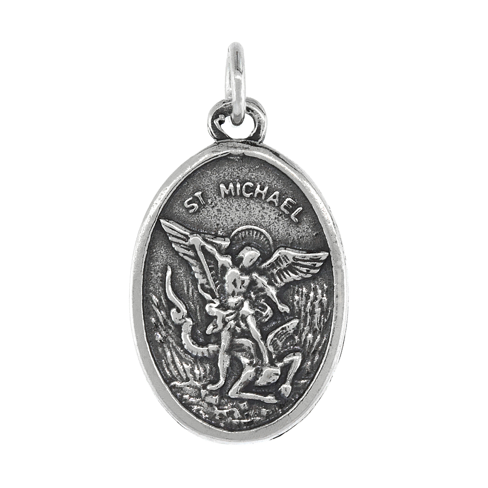 Sterling Silver St Michael Medal Pendant Oxidized finish Oval 7/8 inch