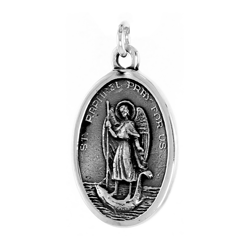Sterling Silver St Raphael and Our Lady of Loreto Medal Pendant Oxidized finish Oval 1 inch