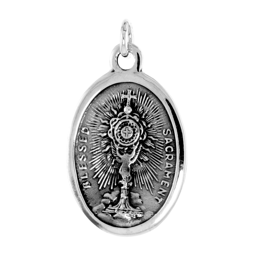 Sterling Silver St Charles Borromeo Medal Pendant Oxidized finish with Blessed Sacrament Oval 1 inch