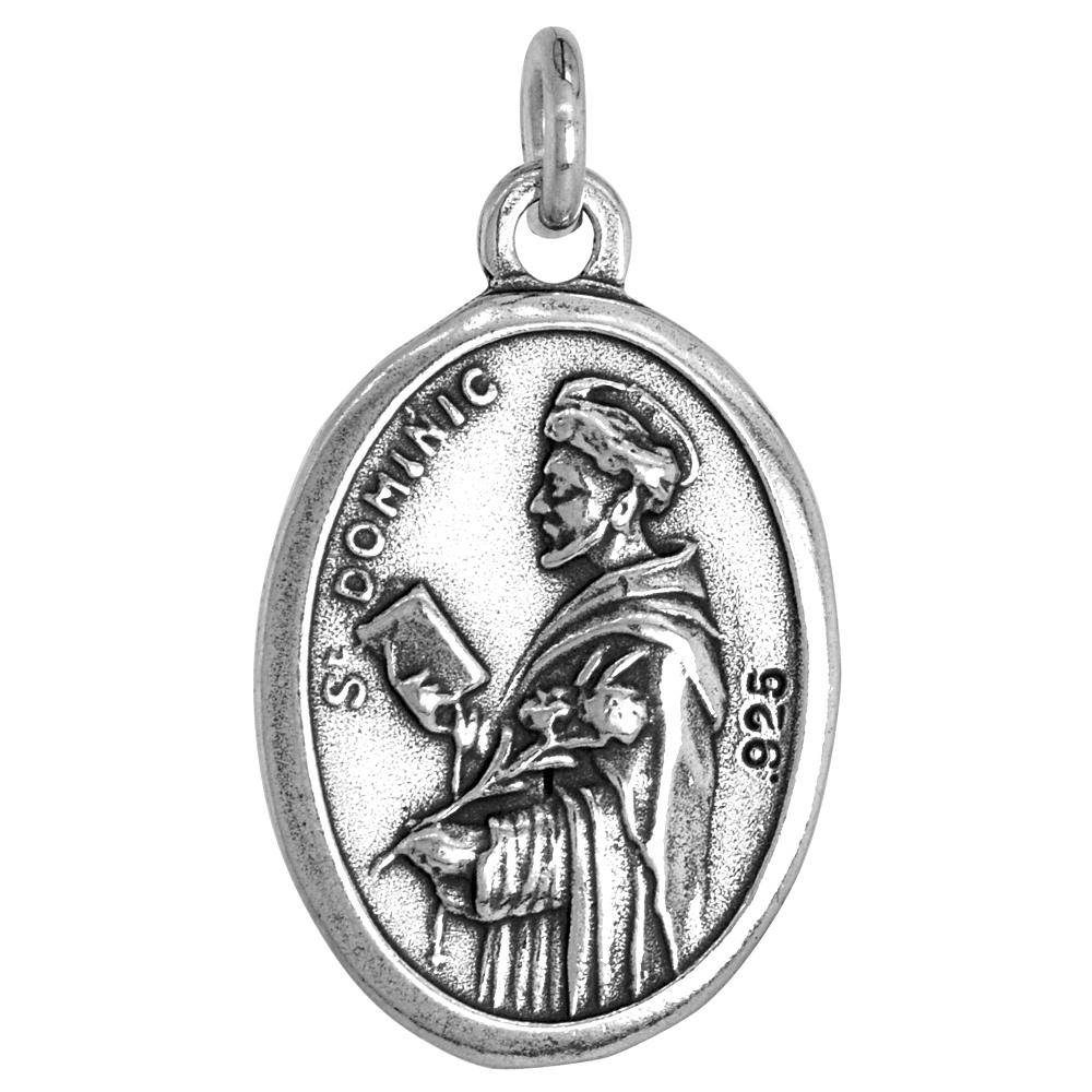 Sterling Silver St Dominic and Queen of the Most Holy Rosary Medal Pendant Oxidized finish 1 inch