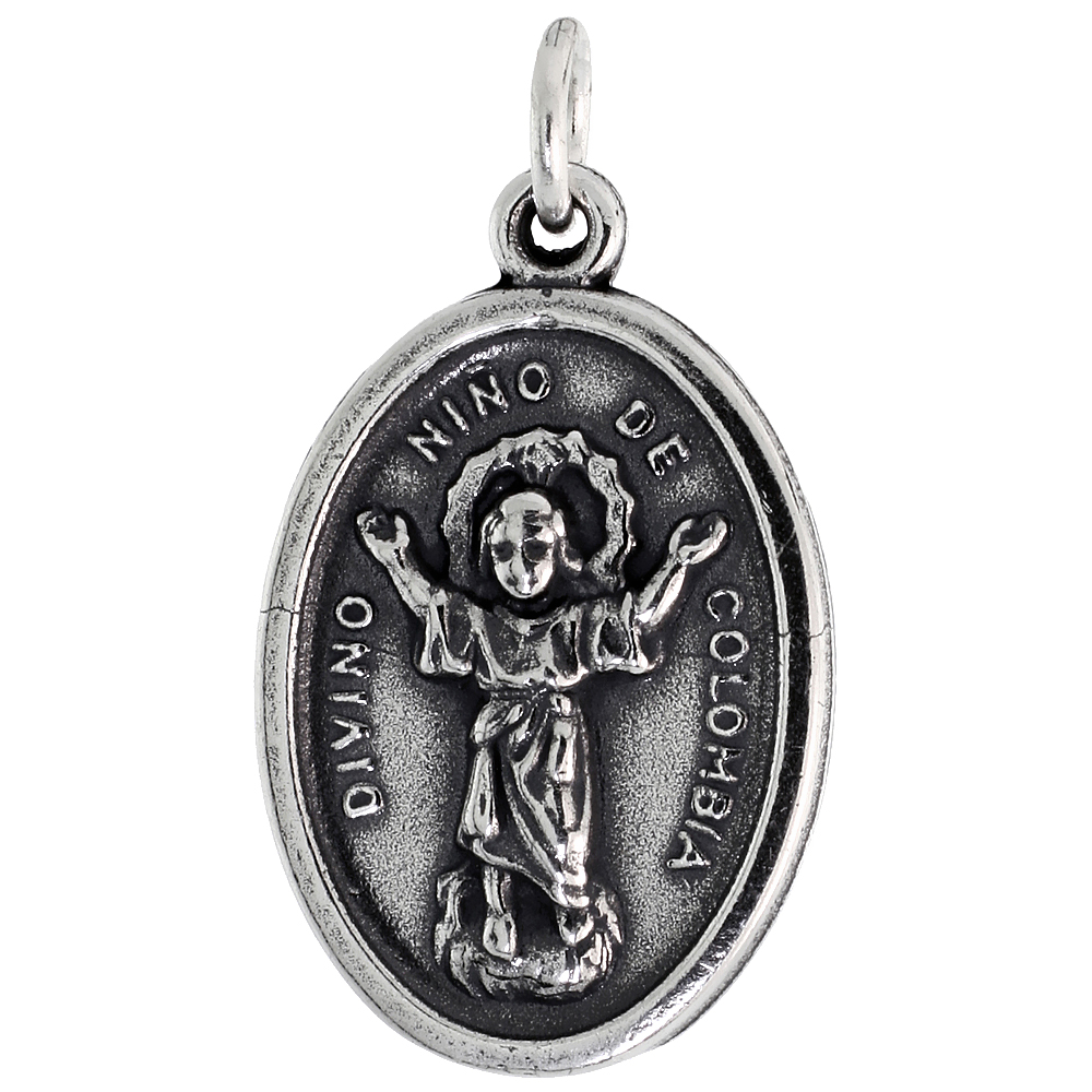 Sterling Silver Divine Christ of Colombia Medal Pendant Oxidized finish Oval 7/8 inch