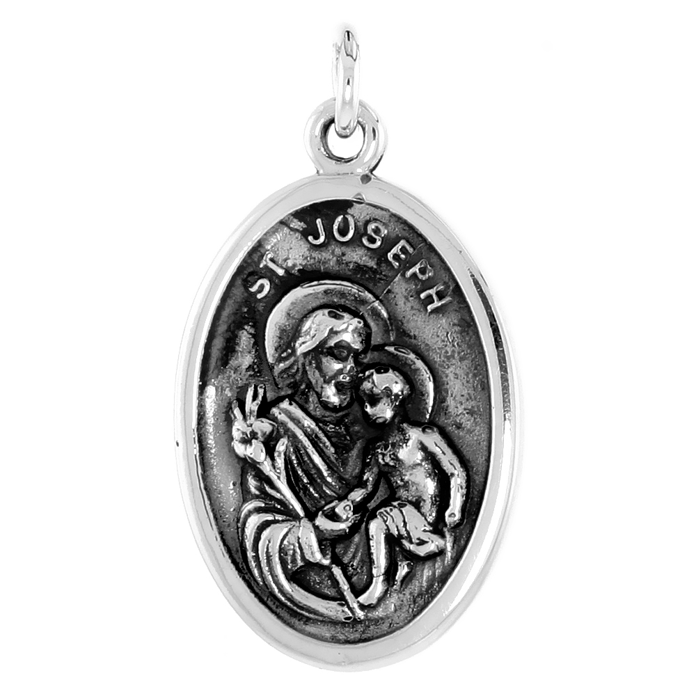 Sterling Silver St Joseph Medal Pendant Oxidized finish Oval 1 inch