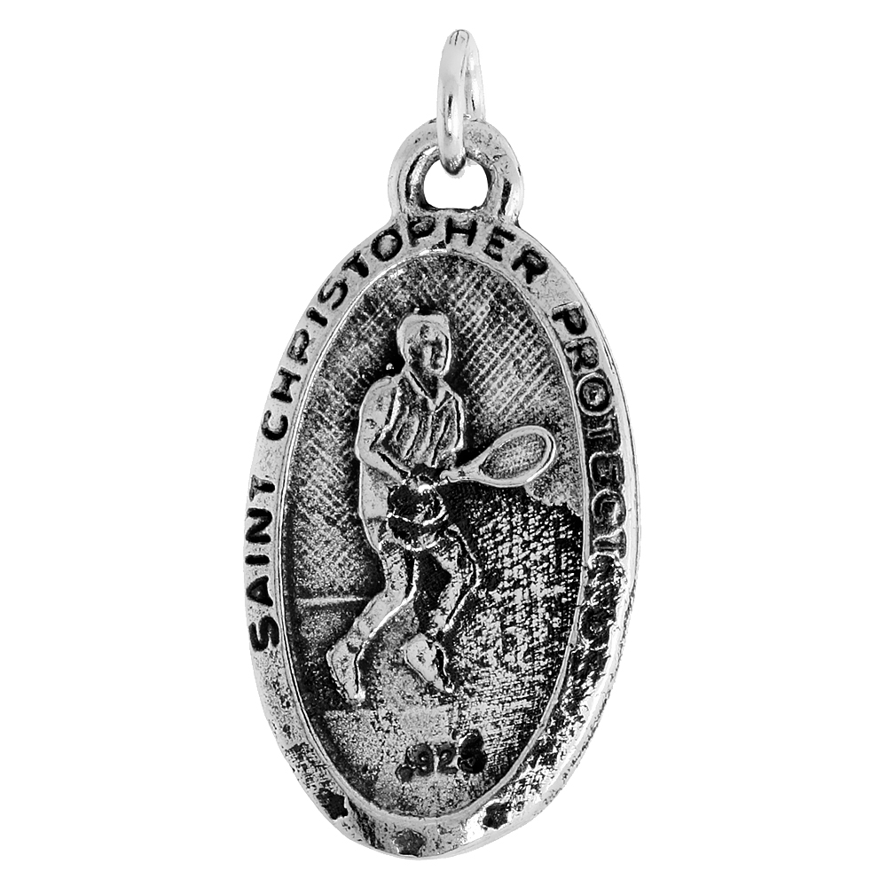Sterling Silver St Christopher Medal Pendant Oxidized finish for Tennis Player Oval 1 inch