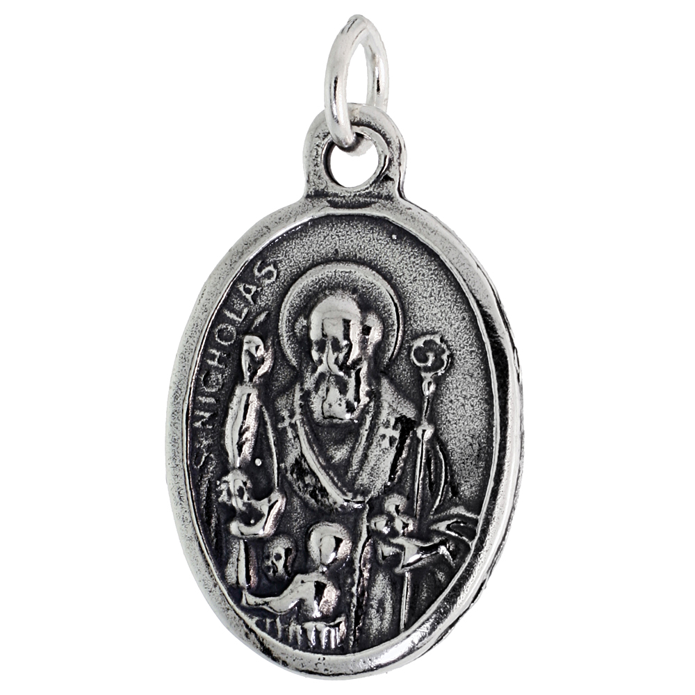 Sterling Silver St Nicholas Medal Pendant Oxidized finish Oval 7/8 inch