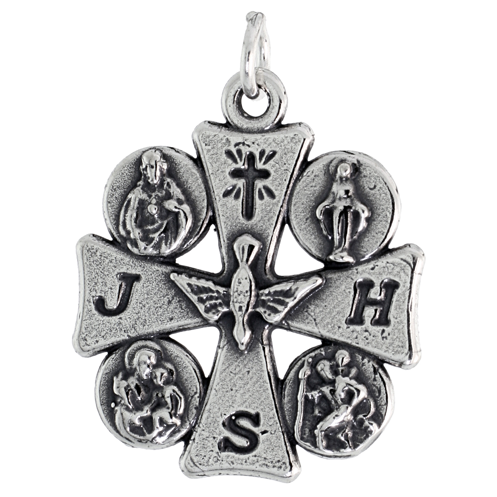 Sterling Silver 4 Way Medal Necklace Oxidized finish Maltese Cross Cutout 1 inch