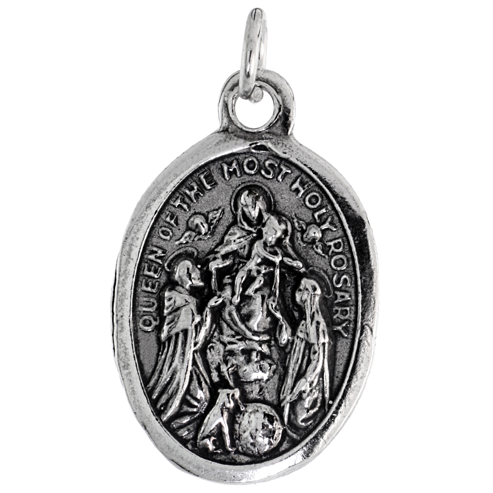 Sterling Silver Queen of the Most Holy Rosary Medal Pendant Oxidized finish Oval 7/8 inch
