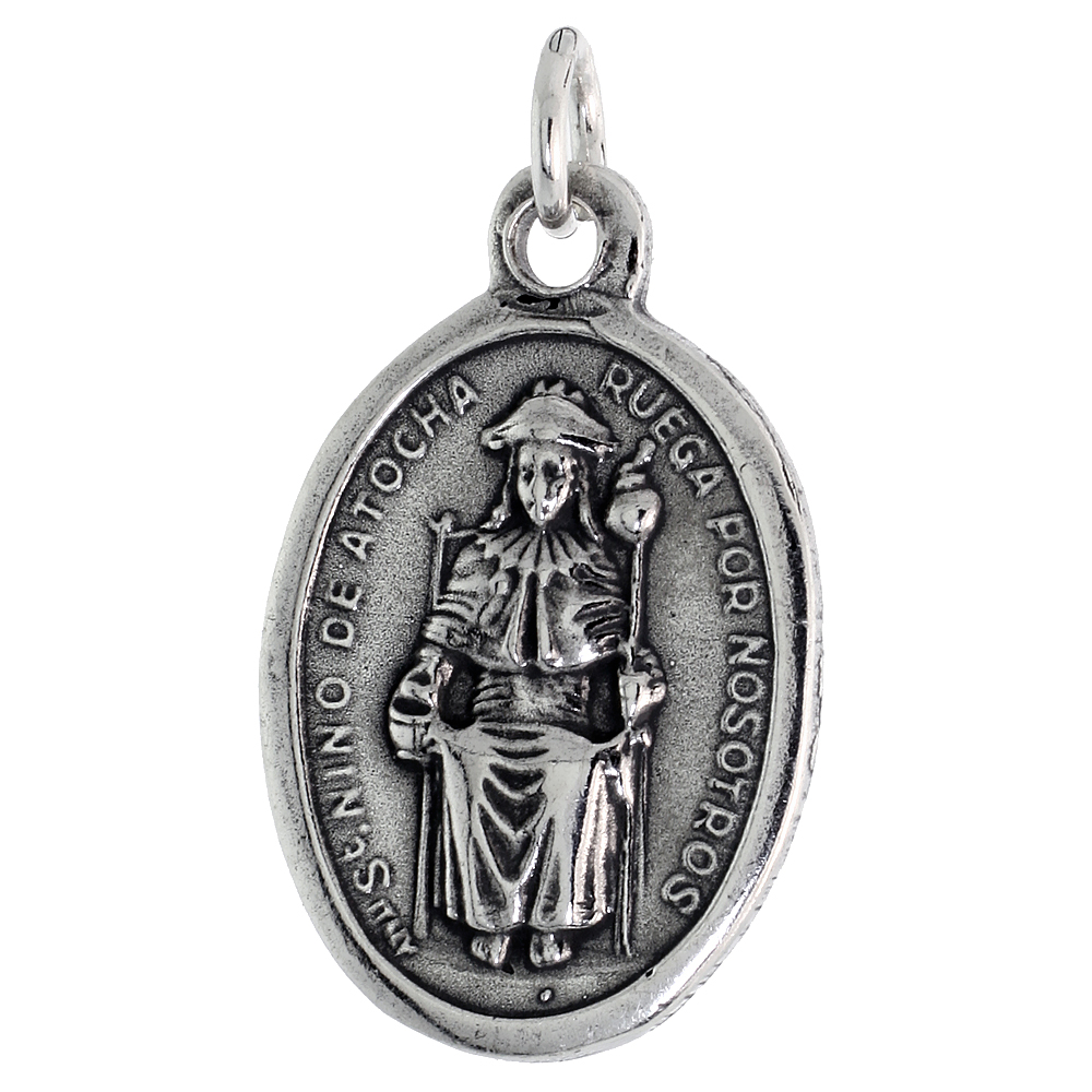 Sterling Silver St Nio De Atocha Medal Pendant Oxidized finish Oval 7/8 inch