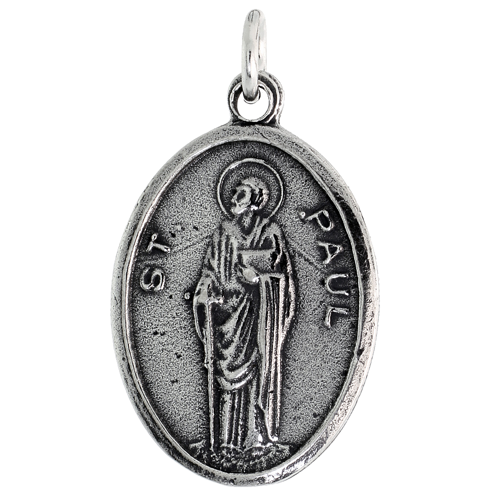 Sterling Silver St Paul Medal Pendant Oxidized finish Oval 7/8 inch