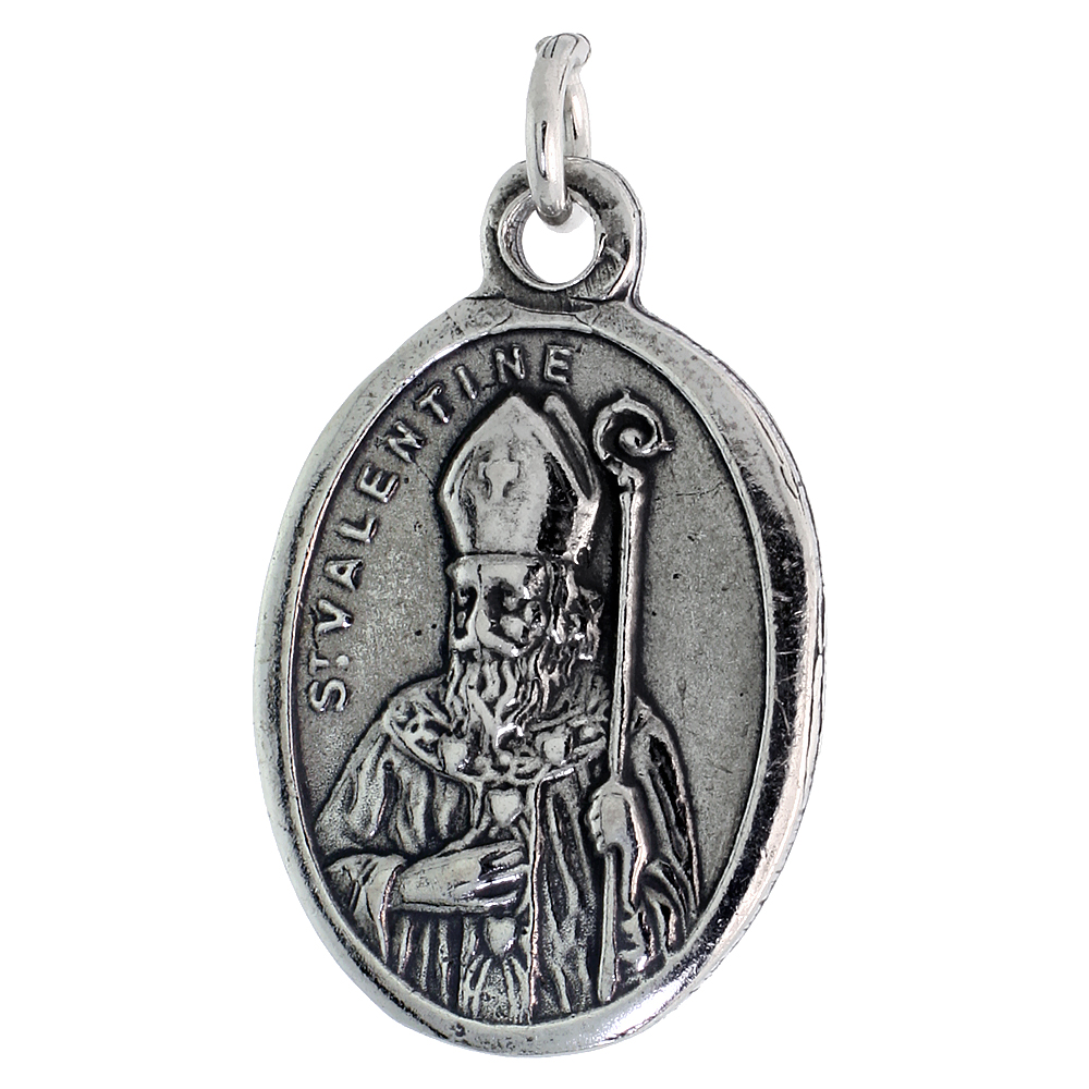 Sterling Silver St Valentine Medal Pendant Oxidized finish Oval 7/8 inch