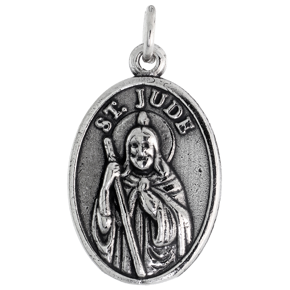 Sterling Silver St Jude Medal Pendant Oxidized finish Oval 7/8 inch
