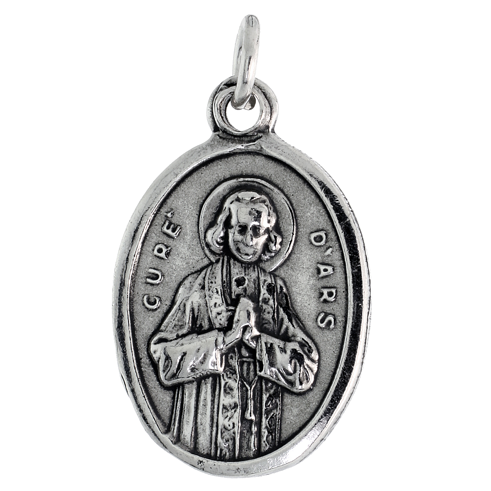 Sterling Silver St John Vianney Medal Pendant Oxidized finish Medal Pendant Oxidized finish Oval 7/8 inch