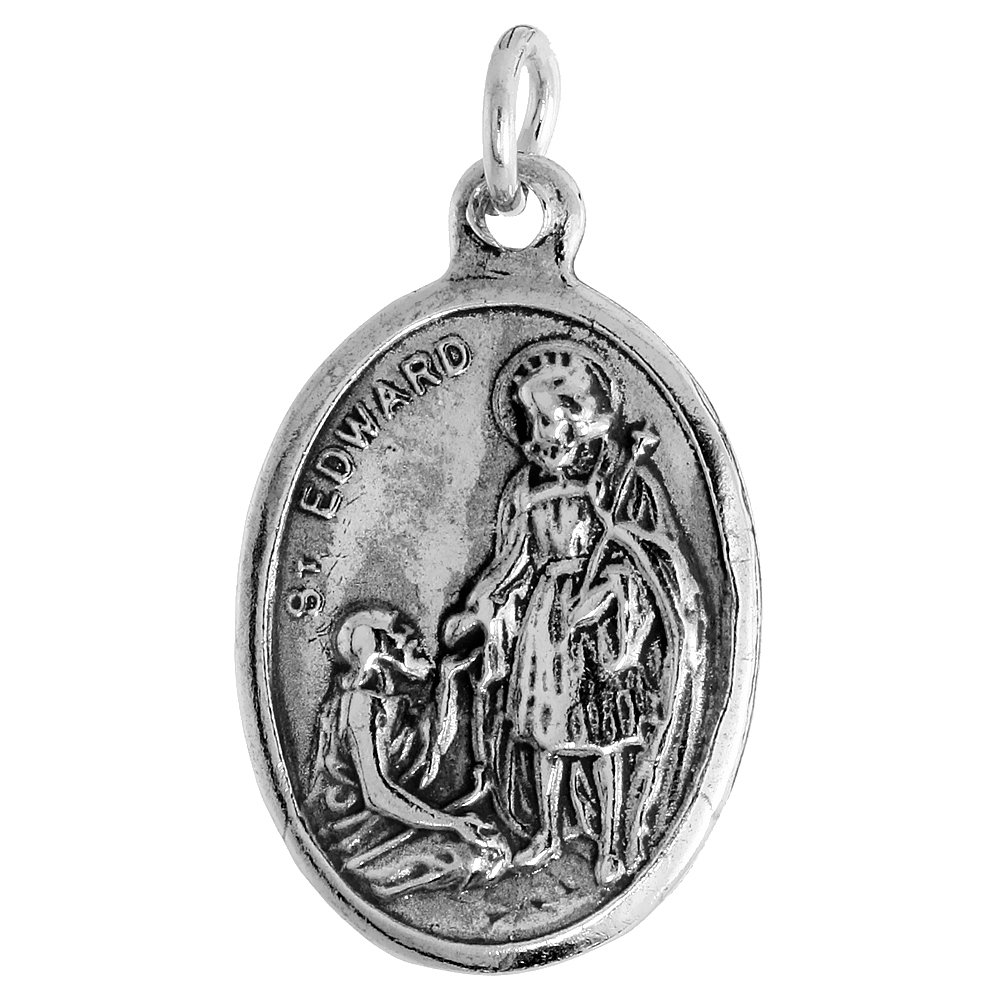 Sterling Silver St Edward Medal Pendant Oxidized finish Oval 7/8 inch