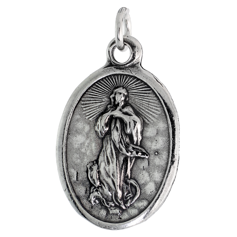 Sterling Silver Guardian Angel Medal Pendant Oxidized finish Oval 7/8 inch