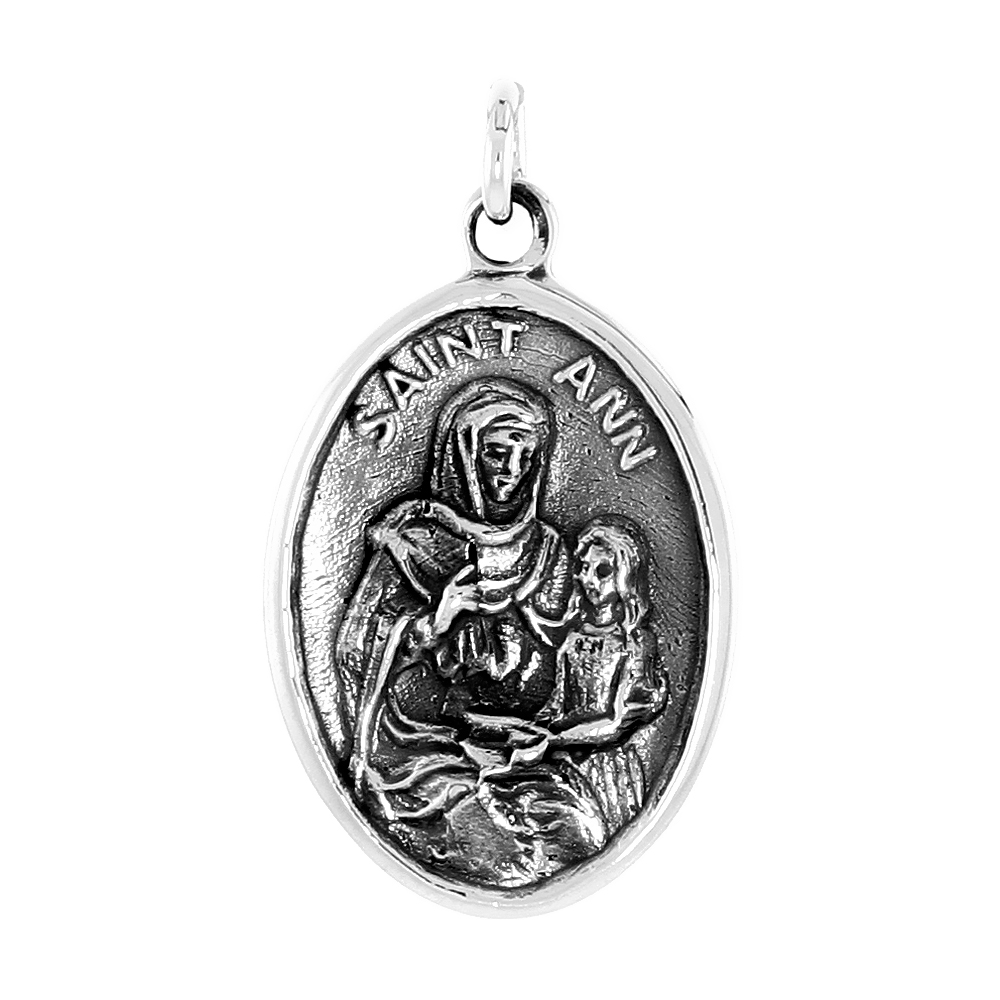 Sterling Silver Saint Ann Medal Pendant Oxidized finish Oval 1 inch