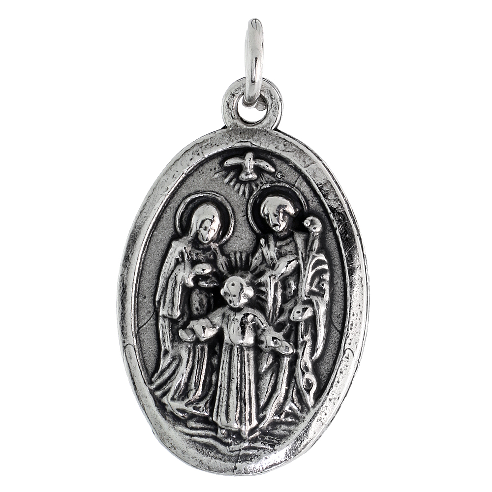 Sterling Silver Holy Family St Joseph Blessed Virgin Mary & Christ Medal Pendant Oxidized finish Oval 7/8 inch