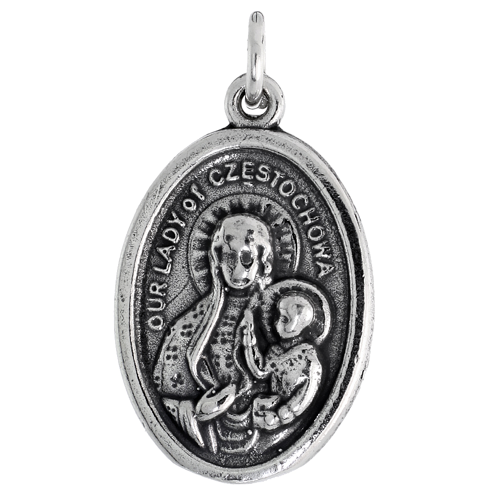 Sterling Silver Our Lady of Czestochowa Joannes Paulus II Medal Pendant Oxidized finish Oval 7/8 inch