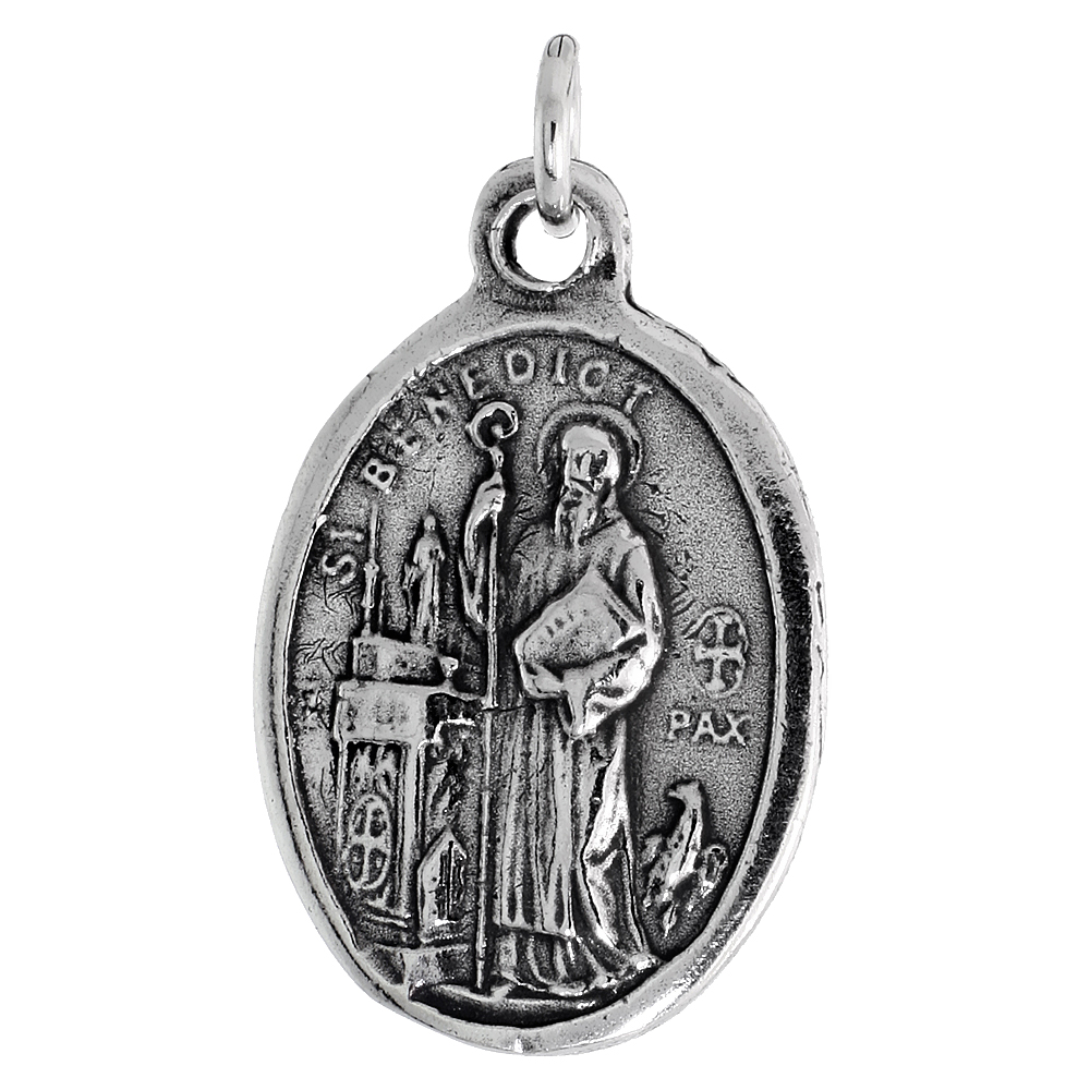 Sterling Silver St Benedict San Benedetto de Norcia Medal Pendant Oxidized finish Oval 7/8 inch with No Chain