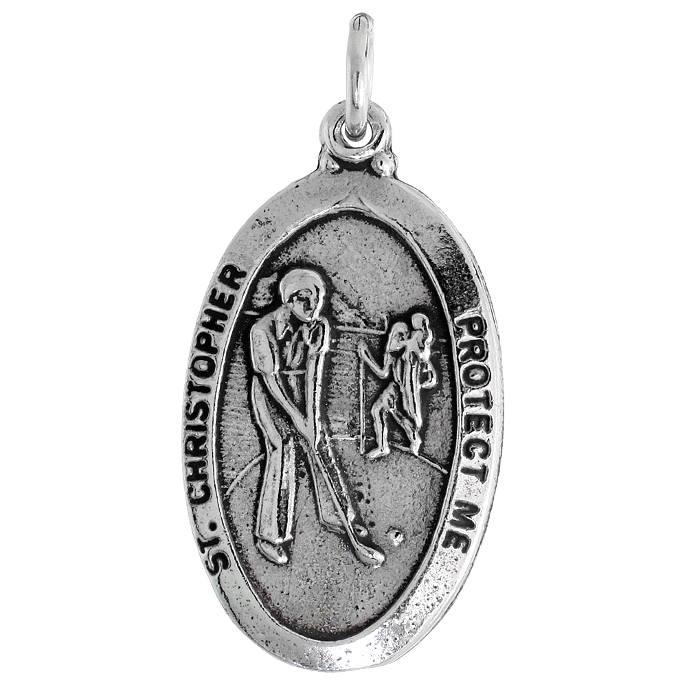 Sterling Silver St Christopher Medal Pendant Oxidized finish for Golf Players Oval 1 inch
