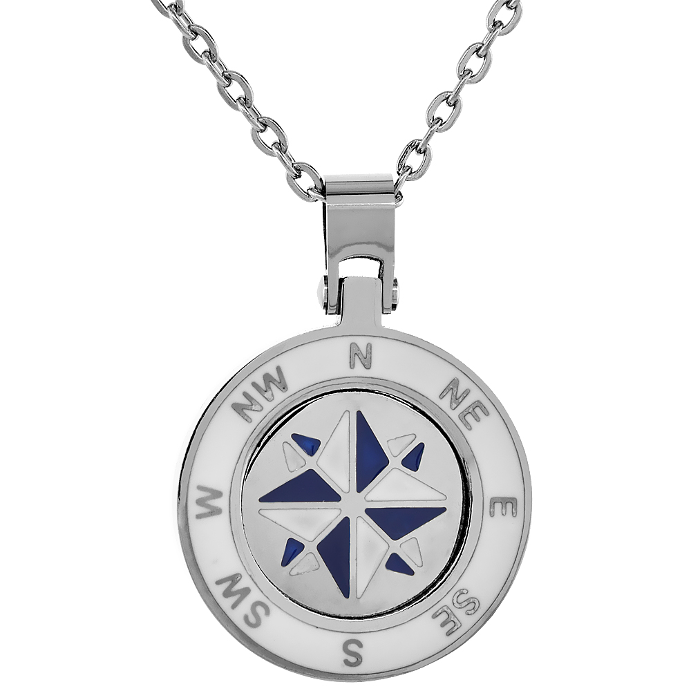 Stainless Steel compass Necklace Round White & Blue Enamel with 18 inch Steel Chain, 13/16 inch wide