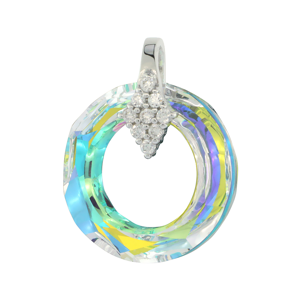 Sterling Silver Clear Swarovski Crystal Round Pendant CZ Bail Accent Rhodium Finish, 25/32 inch wide