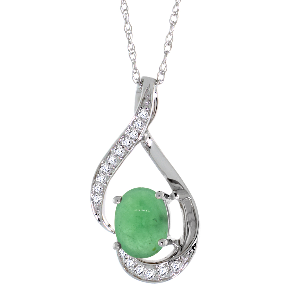 14K White Gold Diamond Natural Cabochon Emerald Necklace Oval 7x5 mm, 18 inch long