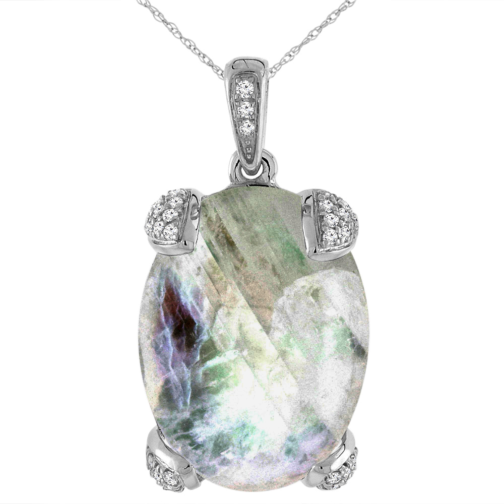 14K White Gold Natural Rainbow Moonstone Necklace Oval 18x13 mm with Diamond Accents