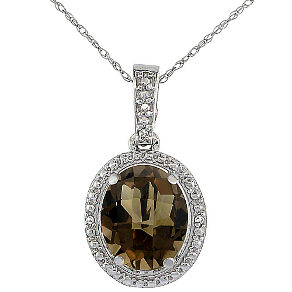 10K White Gold 0.09 cttw Diamond Natural Smoky Topaz Pendant Oval 10x8 mm