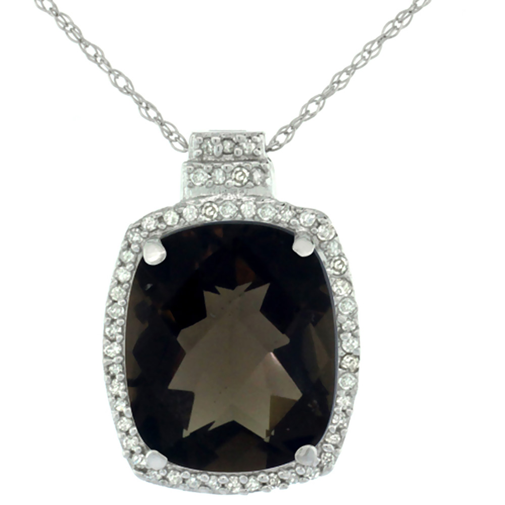 10K White Gold 0.20 cttw Diamond Natural Smoky Topaz Pendant Octagon Cushion 11x9 mm