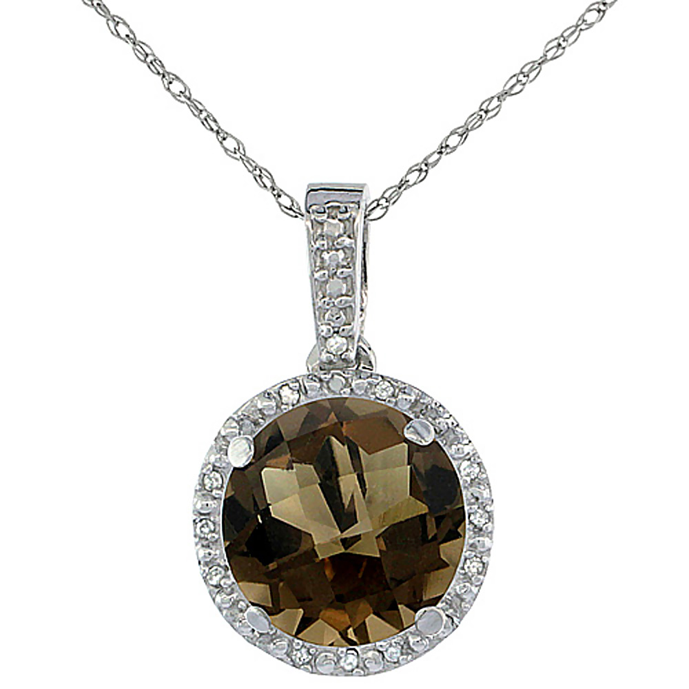 10K White Gold 0.03 cttw Diamond Natural Smoky Topaz Pendant Round 11x11 mm