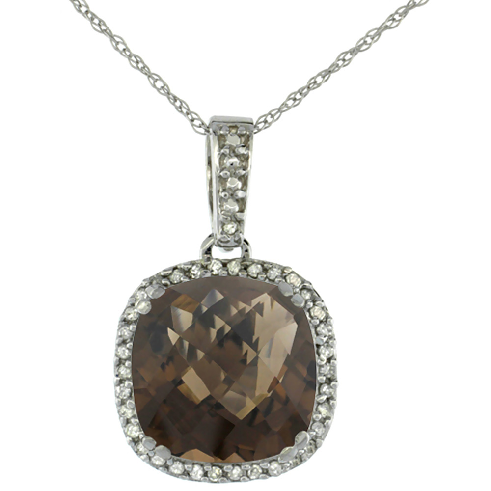 10k White Gold Diamond Halo Natural Smoky Topaz Necklace Cushion Shaped 10x10mm, 18 inch long