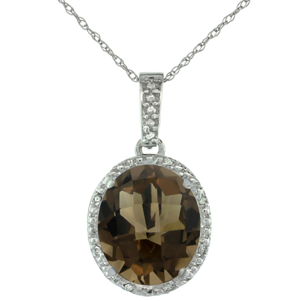10K White Gold Diamond Halo Natural Smoky Topaz Necklace Oval 12x10 mm, 18 inch long