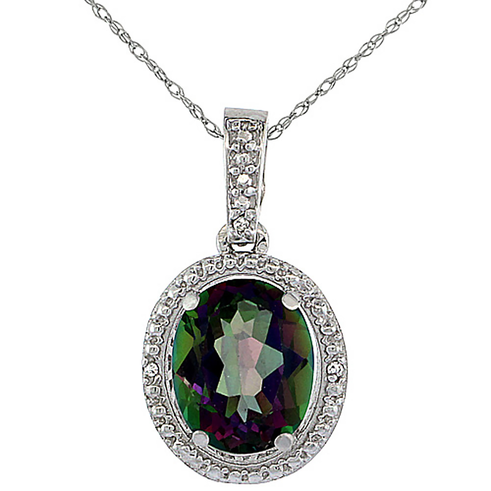 10K White Gold 0.09 cttw Diamond Natural Mystic Topaz Pendant Oval 10x8 mm