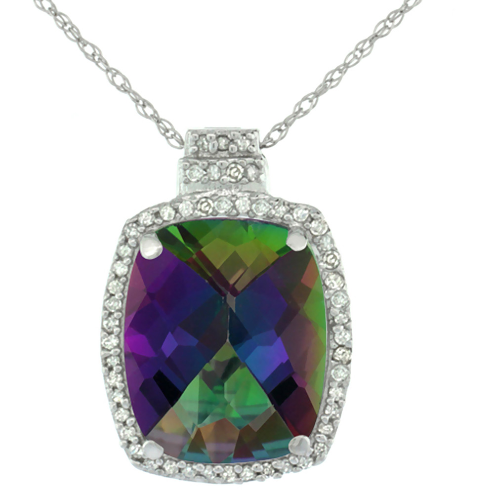 10K White Gold 0.20 cttw Diamond Natural Mystic Topaz Pendant Octagon Cushion 11x9 mm